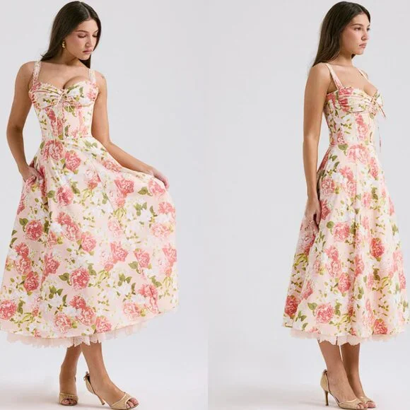 House of CB 'Rosalee' Pink Peony Print Cotton Bustier Sundress NWOT